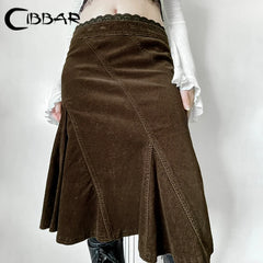 Hnewly Grunge y2k Brown Skirt Spring Autumn Retro Lace Stitching Low Rise A-line Midi Skirts for Women Vintage y2k Clothing Lady