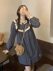 Hnewly Vintage Cute Plaid Dress Women Loose Lace Patchwork Long Sleeve Mini Dress Japan Retro Female Casual Kawaii Vestidos New