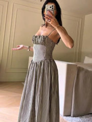 Hnewly Chic Stripe Sleeveless Women Sling Dress Elegant Square Collar Waist-cinching Slim Fit Vestidos Lady Commute Street Wears