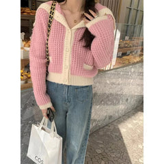 Hnewly Sailor Collar Sweater Cardigan for Women Soft Waffle Knit Button Front Sweater Jacket Teen-girl Fall Winter Classic Chic Outfit