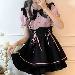Hnewly Japanese Sweet Cute Lolita Two Piece Sets Y2k Bow Puff Sleeve Shirts Women Summer New Slim Waist Black Skirts