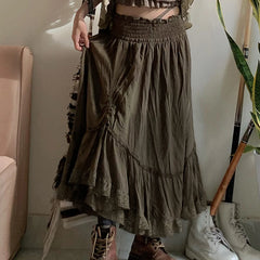 Hnewly Grunge y2k Loose Skirt Vintage 2000s Drawstring Elastic High Waist Baggy Loose Skirts for Women Harajuku Ladies Clothing