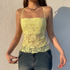 Hnewly Summer Casual Bandage Backless Lace Camis Holiday Casual Patchwork Lace-up Halter Cropped Top y2k Aesthetic Tees Vintage