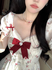 Hnewly DRESS TO IMPRESS Coquette Lace Trim Bowknot Mini Dress Women Sweetheart Puff Sleeves Ruffle Floral Princess Lolita OP Summer Clothes