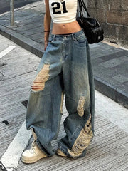 Hnewly Women Hole Y2K Jeans Streetwear Sexy Low Waist Retro American Denim Pants Loose Pockets Vintage Bf Wide Leg Trousers Fall