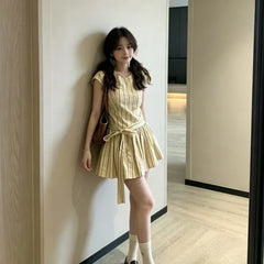 Hnewly Sweet Short Skirt Fashion Knot Summer Short Sleeve Dress Korean Style Versatile Waist Slimming New Peach Color