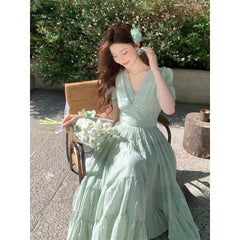 Hnewly French Elegant Evening Party Dress Women Summer Beach Style Casual V-neck Midi Dress Female Vintage Short Sleeve Korean Clothing