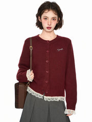 Hnewly Lace Patchwork Retro Cardigan Women Streetwear Long Sleeve O Neck Knitted Sweaters American Casual Letter Vintage Fall Tops