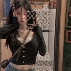 Hnewly Y2k V-neck Patchwork Lace Cardigan for Women Thin Long Sleeve Tops Mujer Spring Autumn New Slim Fit Knitted T-shirts