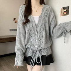 Hnewly Japanese Style Hollow Cardigan Women Chic V-Neck Single Breasted Knitted Cardigan Woman Loose Drawstring Outwear Female