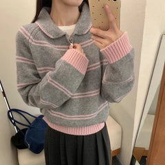 Hnewly Stripe Short Sweater Women's Korean Style Autumn Winter 2025 New Fashion Contrast Color Knitwear Long Sleeve Pullover Tops