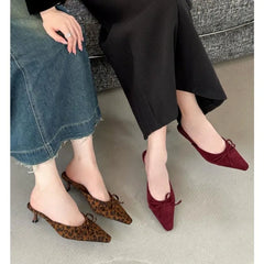 Hnewly Women Baotou High Heel Half Slippers French Bow Sexy Commuter Pointed Shallow Mouler Shoes Stripper Mules Shoes High Heel Shoes