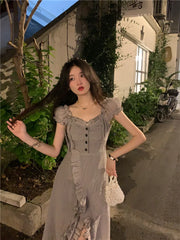 Hnewly Dress Women Sweet Streetwear Buttons Ruffles Irregular Pure Square Collar Tender Temper Fashion Autumn Ulzzang Literary Unique