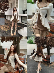 Hnewly American Retro Slim Fit Camisole Dress for Women+ Ruffles Long Sleeve Knitted Cardigan 2024 Autumn New Two Piece Sets