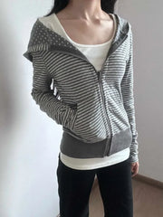 Hnewly American Streetwear Striped Hooded Sweatshirt Autumn New Slim Fit Short Cardigan Fashion Casual Long Sleeve Coat Women