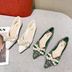 Lunivop Flat Shoes for Women Spring Summer New Big Pearls Green White Women Flats Slip on Casual Loafers Zapatillas Mujer 44 45 46