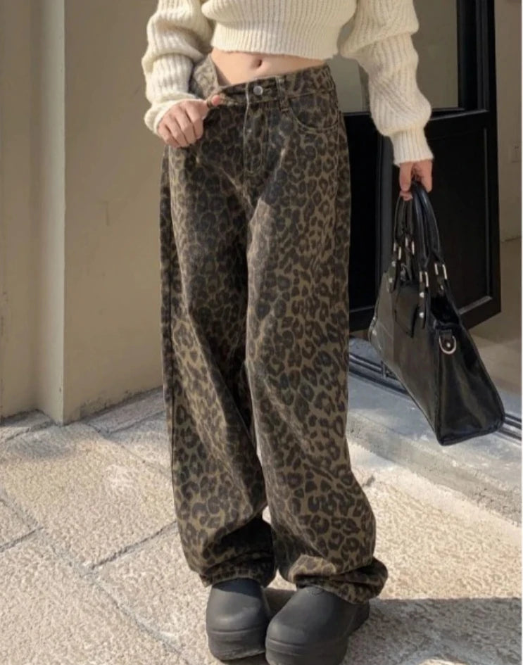 Vintage Leopard Print Pantalon Femme Wide Leg Pants Women High Waist Straight Y2k Jeans Casual Fashion Korean Jean Trousers