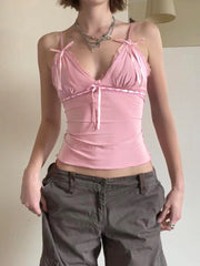 Hnewly Sweet Solid Lace Trim Bandage Camis Top Casual Slim Deep V-Neck Sleeveless Tank Tops Women Summer Streetwear Fashion