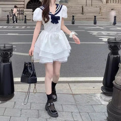 Lunivop Women's White Sailor Collar Navy Bow Dresses Bubble Sleeve Tiered Ruffle Short Dress Sweet Casual Cute Style Dress