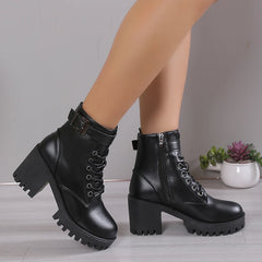 Hnewly Winter New Fashion Comfortable Elegant Square with Women's Shoes Side Zipper Round Head Solid Color Simple Thick Heel Boots