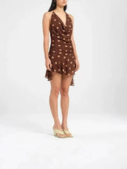 Hnewly Casual Backless High Waisted Short Dress Polka Dot Print Chiffon Summer Dress Sexy Women's Deep V Neck Sleeveless Holiday Dress