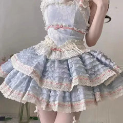 Hnewly Japanese Sweet JSK Lolita Mini Dress Women Summer Cute Soft Girls Bow Slim Ballt Style Princess Party Suspender Dresses