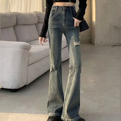 Hnewly Streetwear Blue Ripped Jeans for Women Spring Autumn Chic High Waist Bell Bottom Jeans Woman Slim Fit Button Trousers Ladies