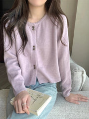 Hnewly Sweet Short Hollowed Out Sweater Chic Buttons Long Sleeved Knitted Cardigan Jacket Korean series Round Neck Loose Top
