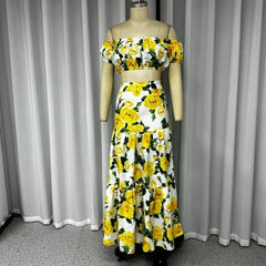 Hnewly New Fashion Women's Skirt Set Summer Casual Simple Commuting Style One Shoulder Bubble Sleeves Print Two Piece Set