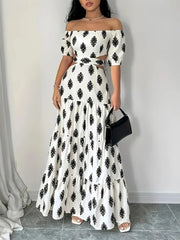 Hnewly Summer Women's A-Line Maxi Dress Off Shoulder Tie Detail Floral Print Beach Vacation Dress Boho Sexy Smocked Waist