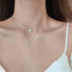 Hnewly Simple Double Layer Star Moon Charm Multilayered Necklace Delicate Clavicle Chain Zircon For Women Fashion Jewelry