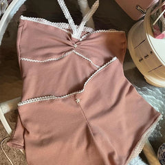 Hnewly Chic Cute 2 Piece Set Y2K Fairy Coquette Lace Trim Crop Tops + Shorts 00s Retro Grunge Milkmaid Vest Tops Vintage Camis Outfit