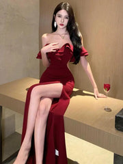 Hnewly DRESS TO IMPRESS Red Sexy Club Backless High Split Ruffles Wrapped Hip Dress Elegant Luxury Off Shoulder Party Evening Dresses Women Summer