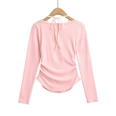 Hnewly Sexy long sleeve crop top korean fashion kawaii clothes halter top cropped ruched t shirts women y2k crop top pink bowknot