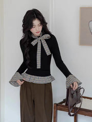 Hnewly Korean Chic Patchwork Women Black Pullover Autumn New Plaid Stitching Fake 2 Pieces Top Sweet Bow Tie Long Sleeve T Shirts Mujer