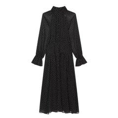 Hnewly Retro Black Polka Dot High Neck Women Midi Dress Fashion Flowy Sheer Full Sleeve A-line Dresses Lady Casual Street Vestidos