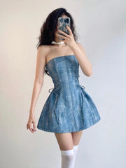Hnewly Y2k Aesthetic Denim A-Line Strapless Dress Streetwear Vintage Bandage Mini Vestidos Harajuku Women Sexy Backless Grunge Dresses