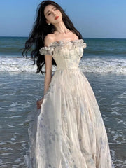 Hnewly Fashion Bohemian Print Long Dresses France Elegant Ruffles Strap Beach Holiday Vestidos Summer Korean A-line Robe Women