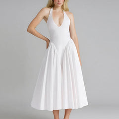 Hnewly Elegant V Neck White Long Dress Women Fashion Hanging Neck A Line Party Drsses Woman Pocket Pleated Princess Sundress Mujer