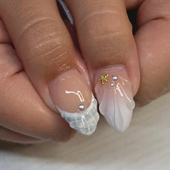 Hnewly 10Pcs Handmade Manicure Medium French Almond Fake Nails Shell Limited Nails Press On Nails Design with Adhesive Nail File Set