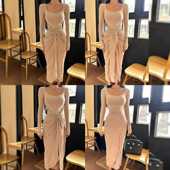 Hnewly Women Dress French Simple Light Luxury High-end Square Neckline Long Sleeve Strap Design Hip-covering Long Dress Slight Strech