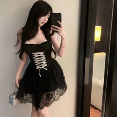 Hnewly Woman Dress Bandage Sleeveless Slim Lace Patchwork Mesh Ribbon Backless Sweet Elegant Party Mini Dresses Female