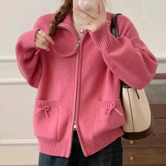 Hnewly Korean Bow Cardigan Women Lazy Wind Double Zipper Long Sleeve Knitted Jacket Vintage Sweet Casual Preppy Style Tops Coat