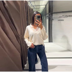 Hnewly Casual Knitted Lace Patchwork Sweater Women Loose V Neck Full Sleeve Female Pullover Autumn Winter Lady Cozy Knitwear