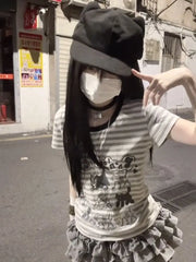 Hnewly T Shirts Women Cartoon Car Printed Striped Short Sleeve Slim O Neck Funny Sweet Summer Fashion Tops Female Shirt Casual