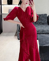 Hnewly Elegant Midi Red Mermaid Dress Women Autumn Korean Sexy V-neck Irregular Sequins Dress Vintage Casual Evening Party Dress