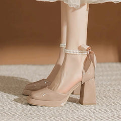 Hnewly Summer Sweet Back Butterfly-knot Lolita Shoes Big Girls Thick Block High Heels Platform Women Party Flock Princess Sandals 2024