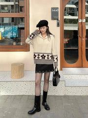 Hnewly Half Zipper Knit Cardigan Sweater Women Pullovers Cozy Loose Sweater Jacket Collared Long Sleeve Floral Print Fall Winter Outfit