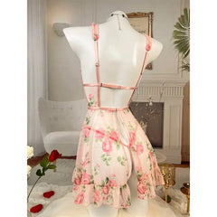 Lunivop Sexy Lingerie Women's Seduction Mesh Floral Ruffle Edge Sexy Nightgowns Sleepshirts Perspective Pajama Set