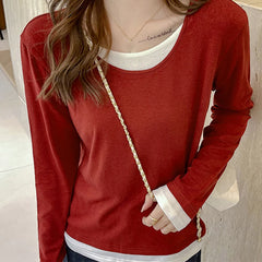 Hnewly Casual Patchwork Long Sleeve T-Shirts Women Faux Two Pieces Pullovers Woman Autumn Crew Neck Bottoming Shirts Ladies